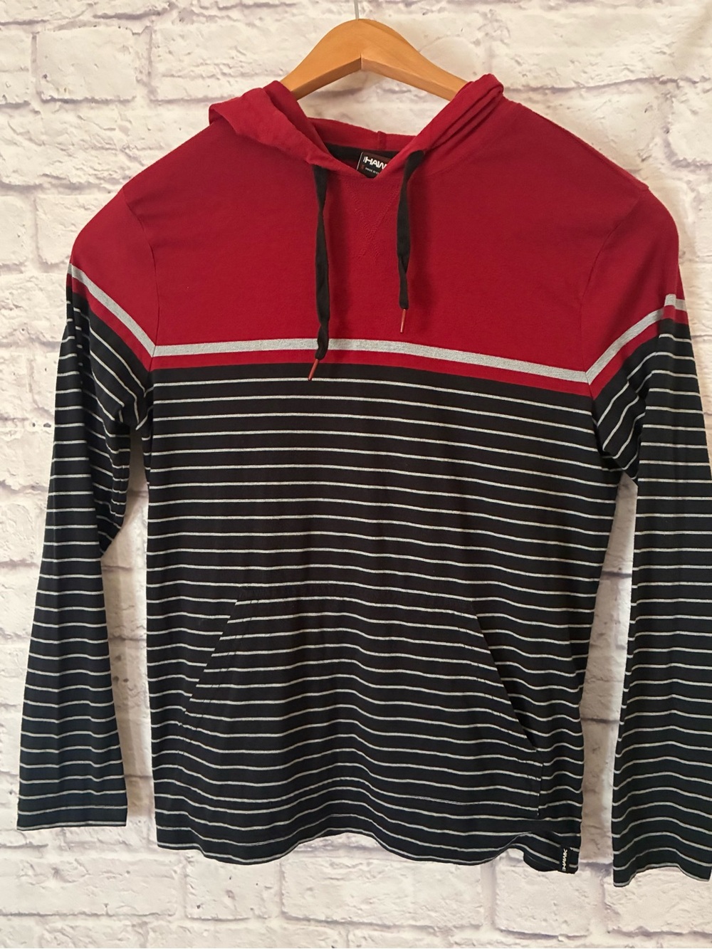 Tony Hawk Men’s Red and Black Striped Hooded Long-Sleeve Shirt Small
